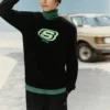 Colorful Casual Series Brand Crew Sweater “Black Green”