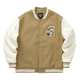 Letter Printed Baseball Jacket “Tan White Black”
