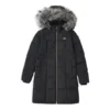 Long Waist-Drawstring Furry Hooded Down Jacket “Black White”