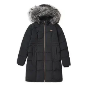 Long Waist-Drawstring Furry Hooded Down Jacket “Black White”