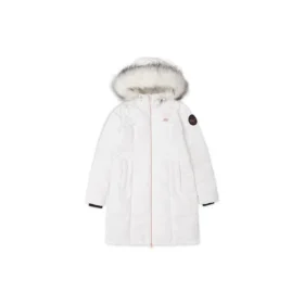 Long Waist-Drawstring Furry Hooded Down Jacket “Black White”