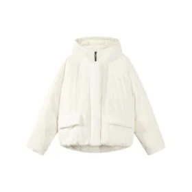 Solid Color Concealed Zip Elastic Cuff Hooded Down Jacket “Pink White”